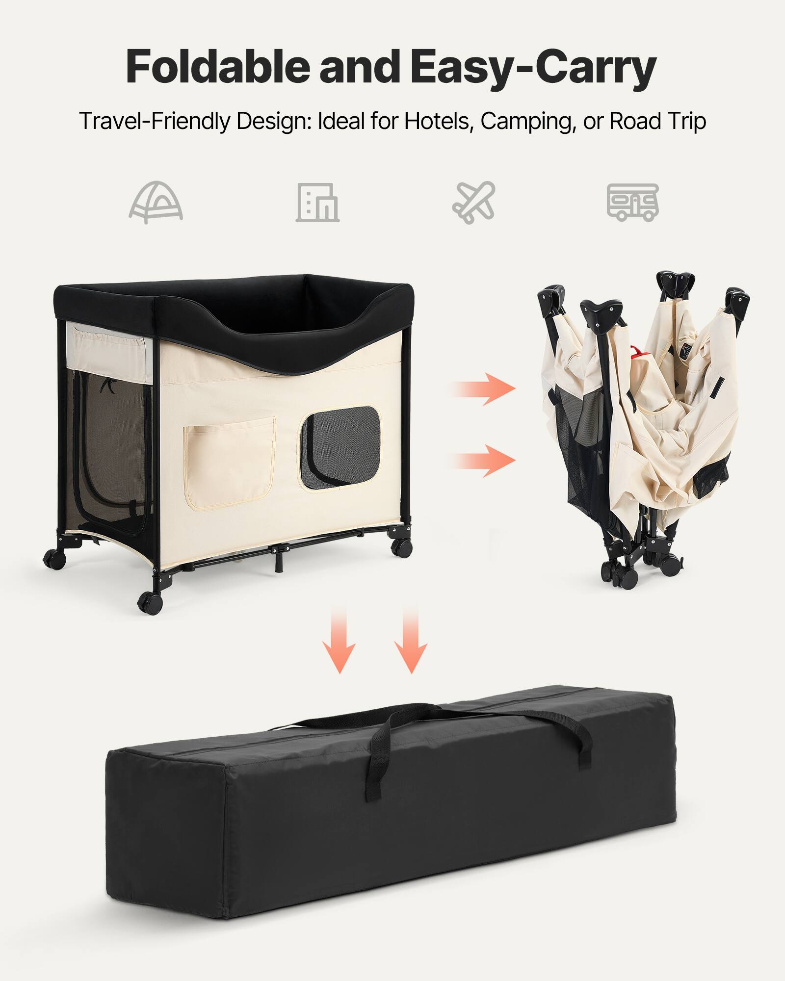Foldable and Easy-Carry  
Travel-Friendly Design: Ideal for Hotels, Camping, or Road Trip
