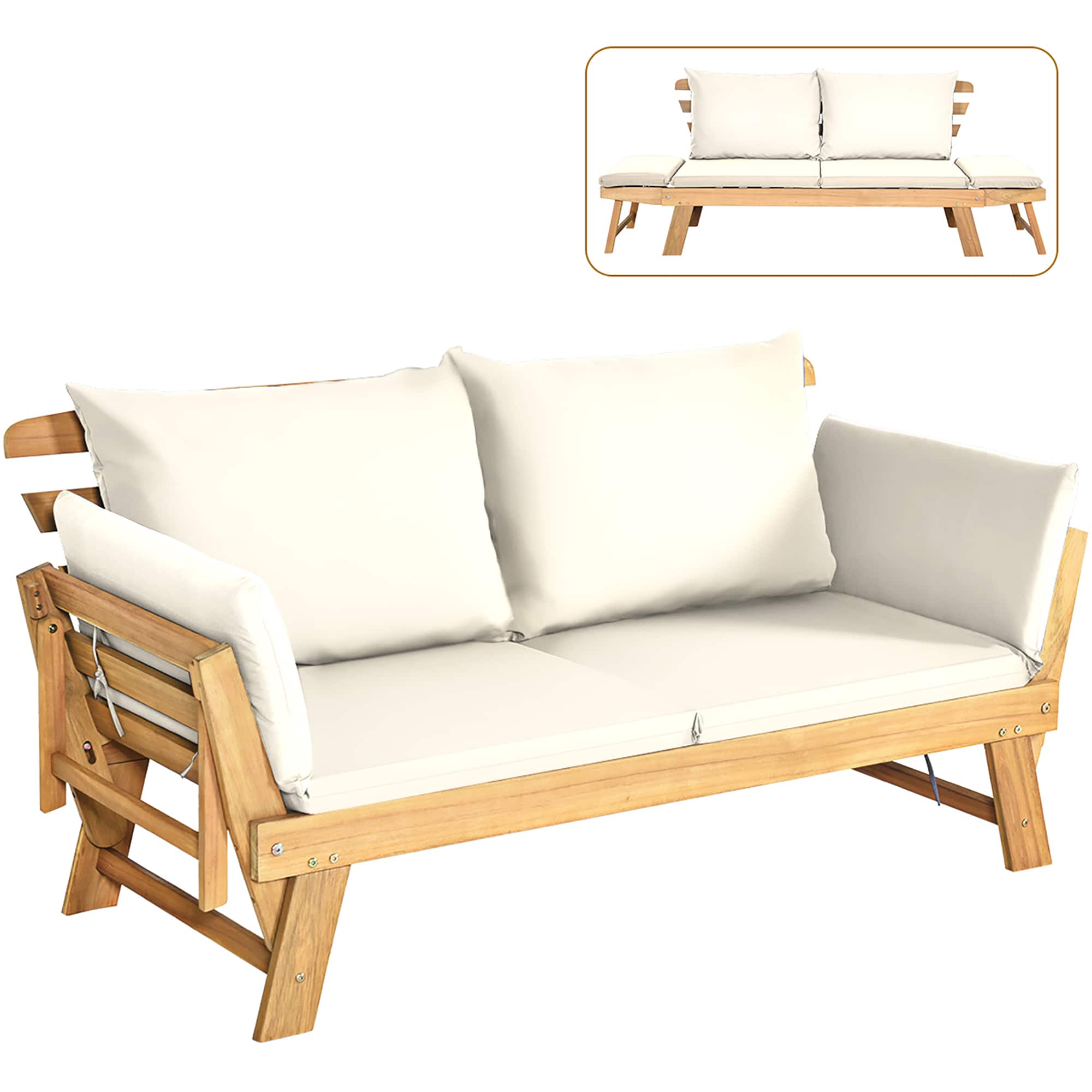 Costway - Patio Convertible Sofa Daybed Solid Wood Adjustable Furni Thick Cushion - White