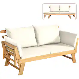 Costway - Patio Convertible Sofa Daybed Solid Wood Adjustable Furni Thick Cushion - White