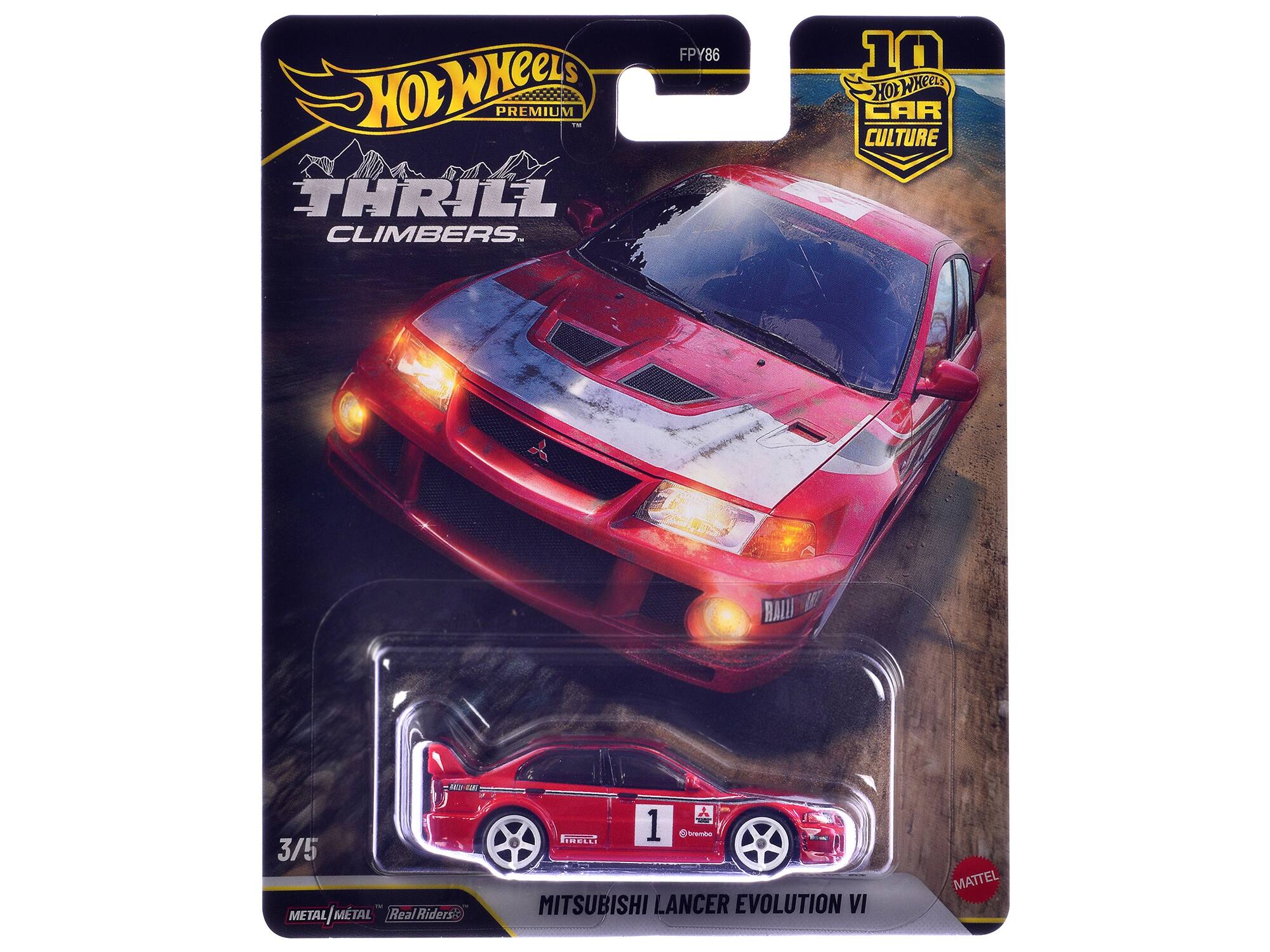 e FPY86 10 Hot Wheels HOT WHEELS PREMIUM i CAR CULTURE THRILL CLIMBERS. 3/5 . META /MTAL METAL ND Ridersi: MELL 1 trembe MITSUBISHI LANCER EVOLUTION VI MATTEL