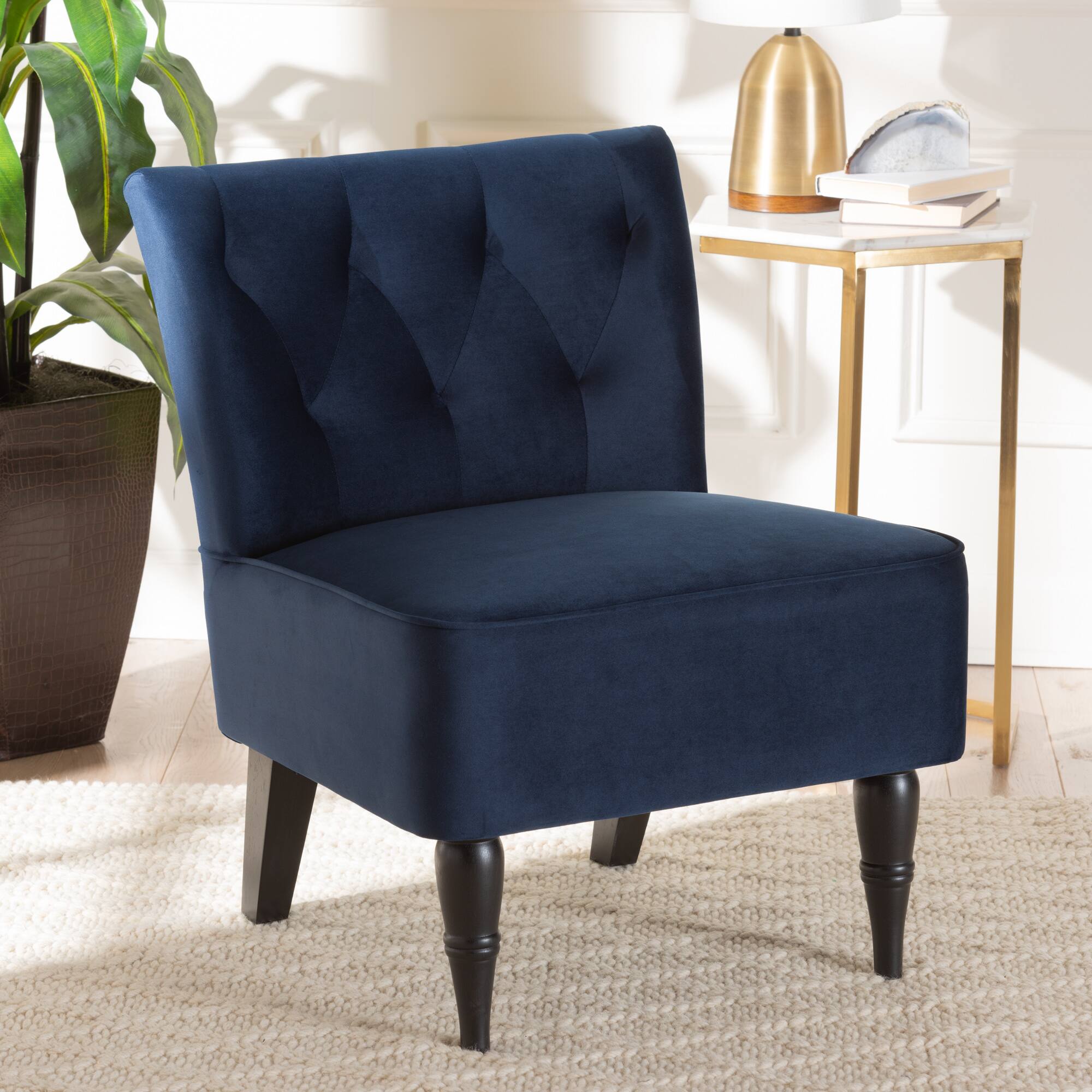 Alt View 4. Baxton Studio - Harmon Modern and Contemporary Transitional Velvet Fabric Upholstered and Finished Wood Accent Chair - Navy Blue/Black.