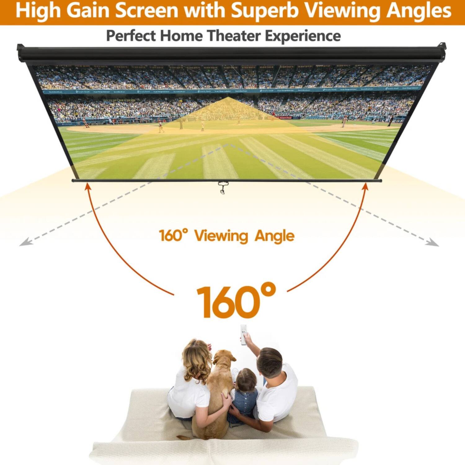 High Gain Screen with Superb Viewing Angles  
Perfect Home Theater Experience  

160° Viewing Angle  
160°