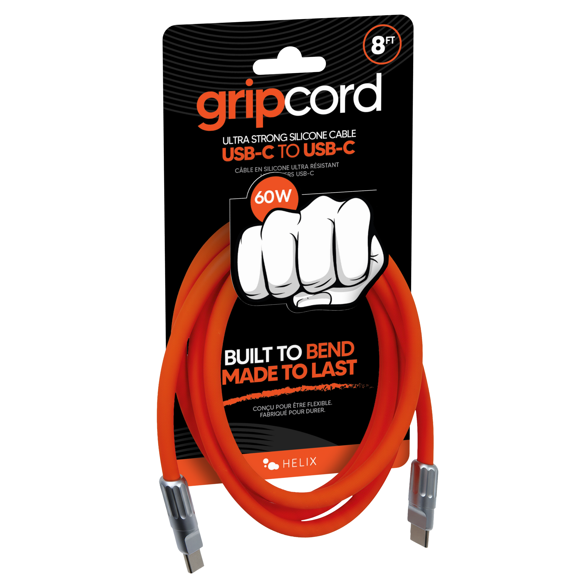 8F gripcord ULTRA STRONG SILICONE CABLE USB-C TO USB-C ULTRA RESISTANT CABLE EN SILICONE USB-C 60W BUILT TO BEND MADE TO LAST CONCU POUR ÊTRE FLEXIBLE FABRIQUÉ POUR DURER HELIX