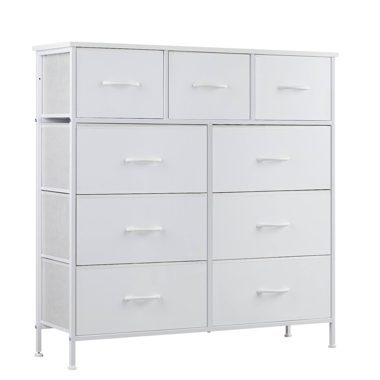 Angle. Lirago - 40in. Tall Fabric Storage Dresser with 9 Drawers Wood Top Decorative Storage Cabinet - White.
