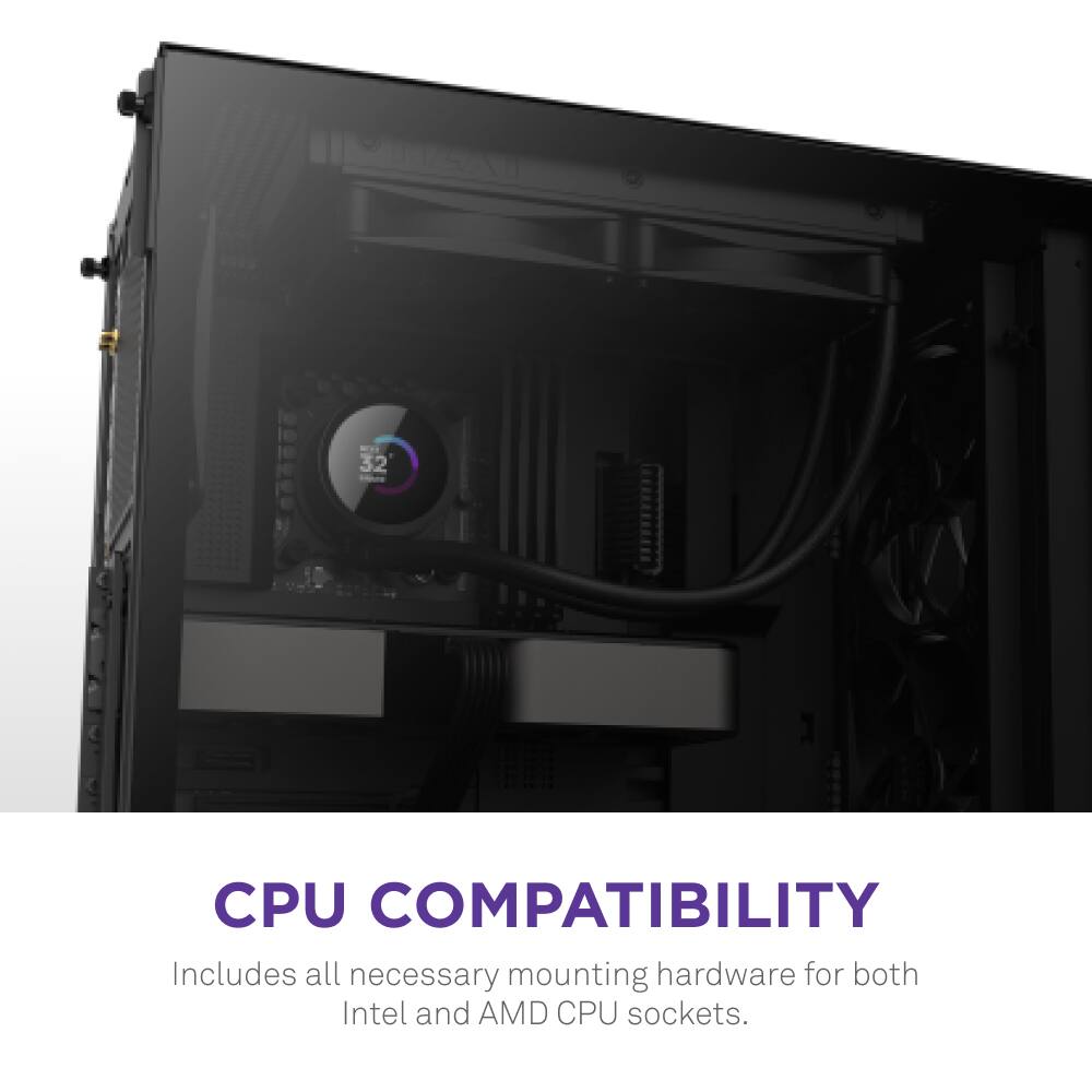 The text on the image reads: "CPU COMPATIBILITY Includes all necessary mounting hardware for both Intel and AMD CPU sockets."
