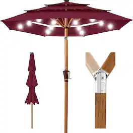 Best Choice Products - Woodgrain Pattern 10ft 3-Tier Solar Patio Umbrella w/ 24 LED Lights, Tilt - Burgundy