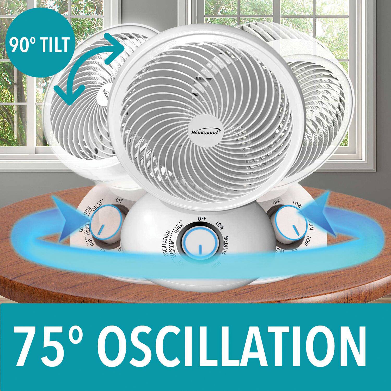 90° TILT

75° OSCILLATION

Brentwood

Speed Settings: OFF, LOW, MEDIUM, HIGH

Oscillation Settings: OFF, LOW, MEDIUM, HIGH