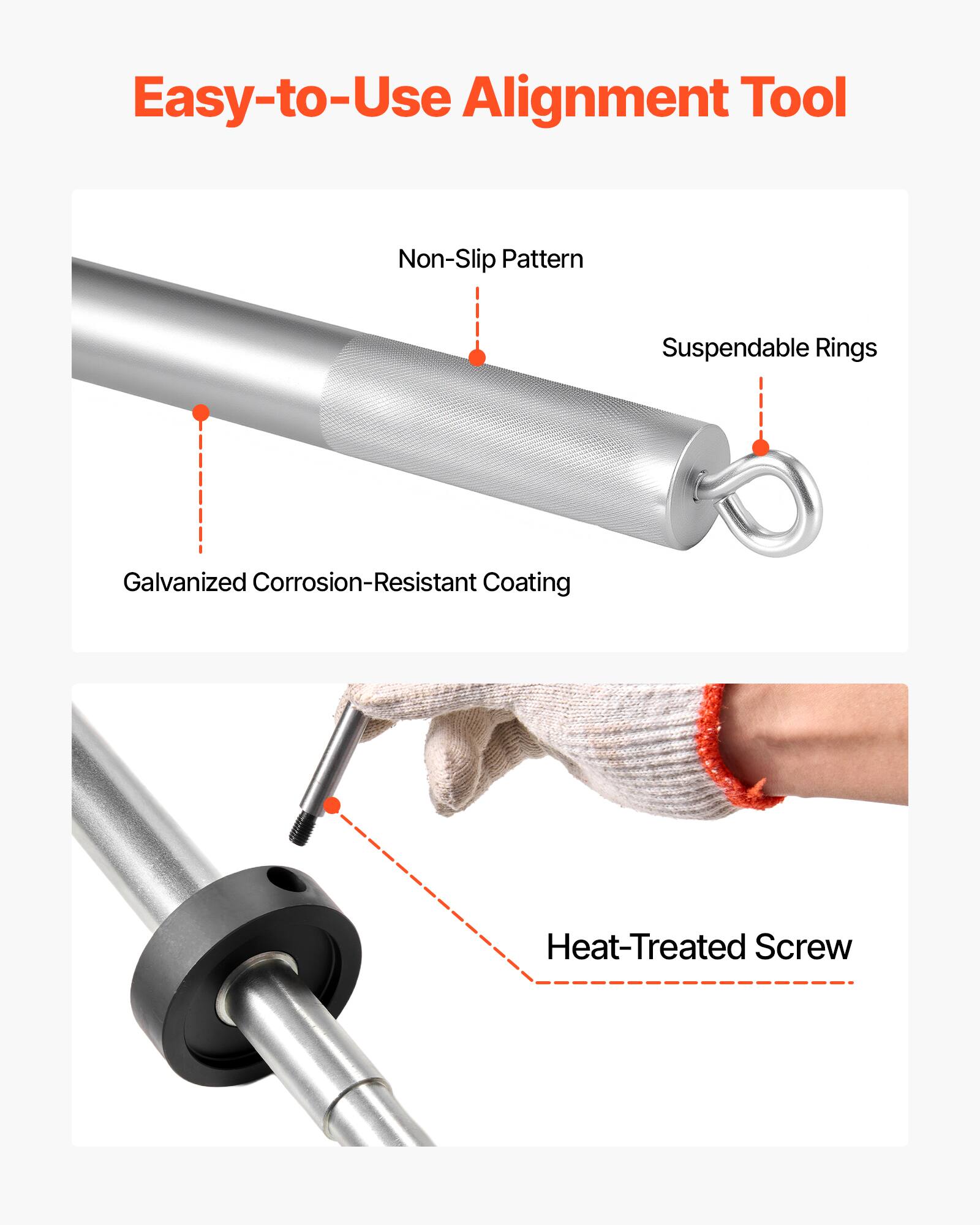 Easy-to-Use Alignment Tool

- Non-Slip Pattern
- Suspendable Rings
- Galvanized Corrosion-Resistant Coating
- Heat-Treated Screw