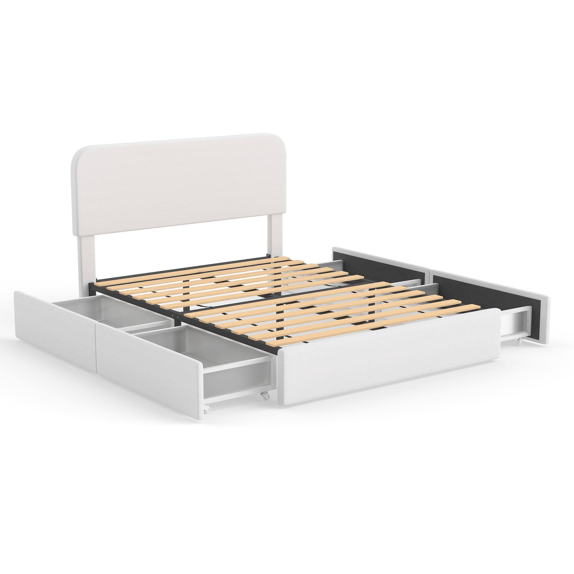 Alt View 1. Brick Attic - Heavy Duty Wide Platform Bed Frame with Storage Drawers,Solid Wood Slat Support,Padded Headboard,RecessedAntiSlip Design - White.