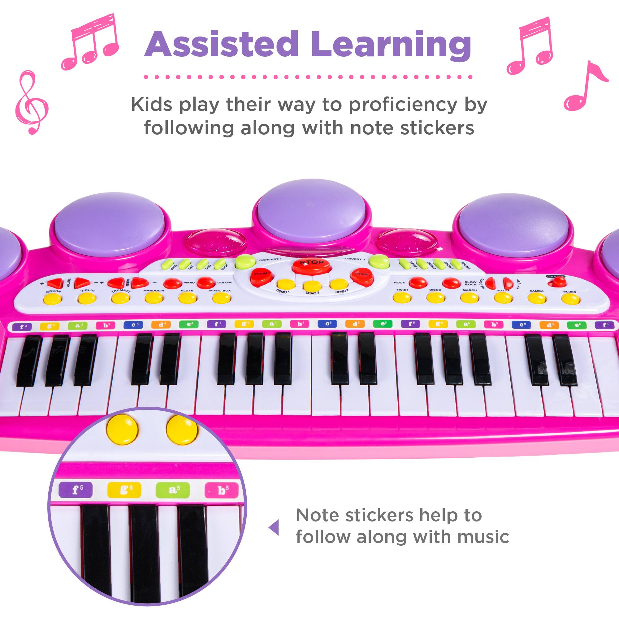 Assisted Learning

Kids play their way to proficiency by following along with note stickers

Note stickers help to follow along with music