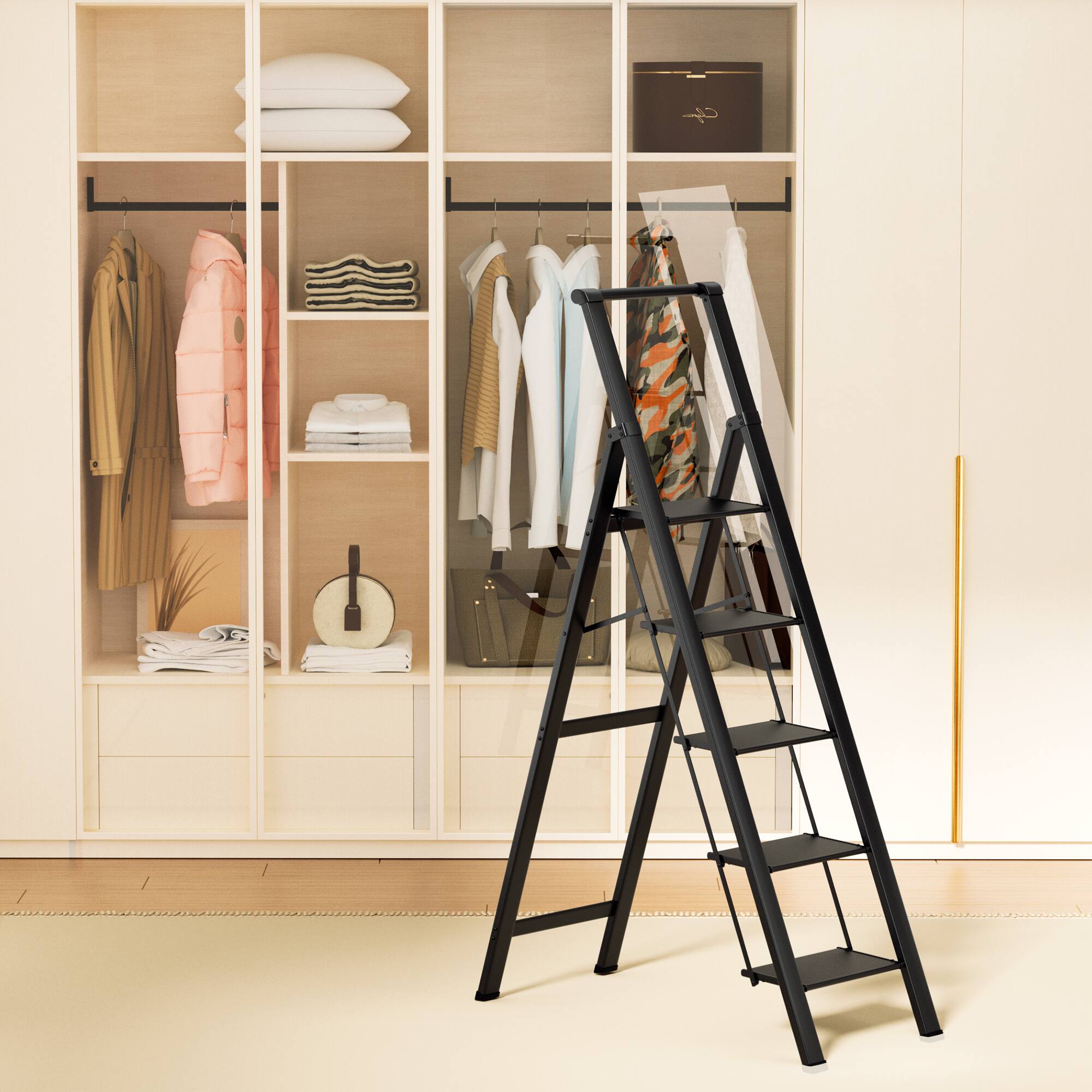 Alt View 7. Topteng - 5-Step Foldable Ladder, Aluminum Step Stool with Anti-Slip Pedal & Handrail - 330 lb Load, Lightweight for Home & Office - Black.