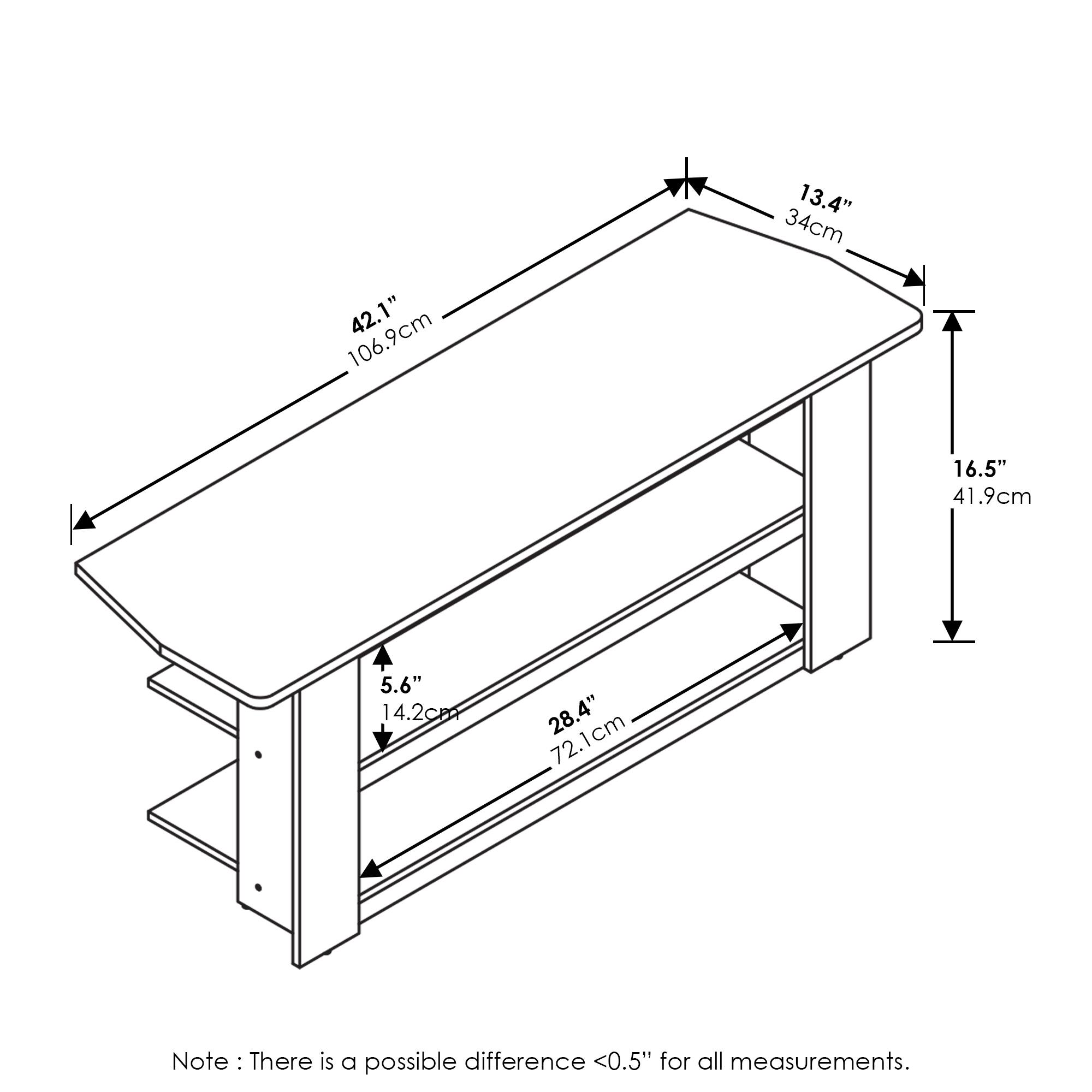 13.4" 34cm  
42.1" 106.9cm  
16.5" 41.9cm  
5.6" 14.2cm  
28.4" 72.1cm  

Note: There is a possible difference <0.5" for all measurements.