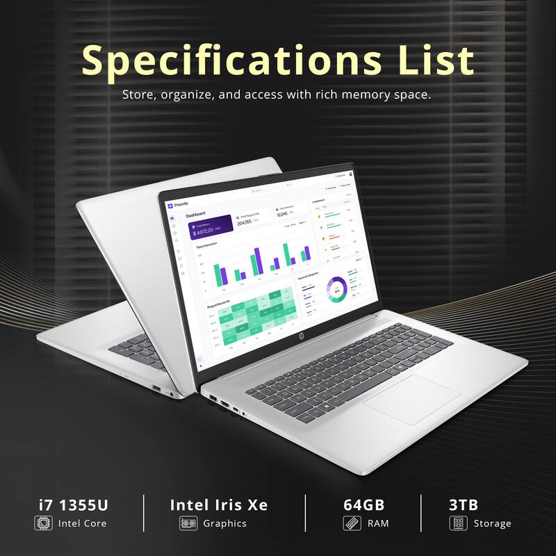 Specifications List  
Store, organize, and access with rich memory space.  

- i7 1355U  
- Intel Core  
- Intel Iris Xe Graphics  
- 64GB RAM  
- 3TB Storage