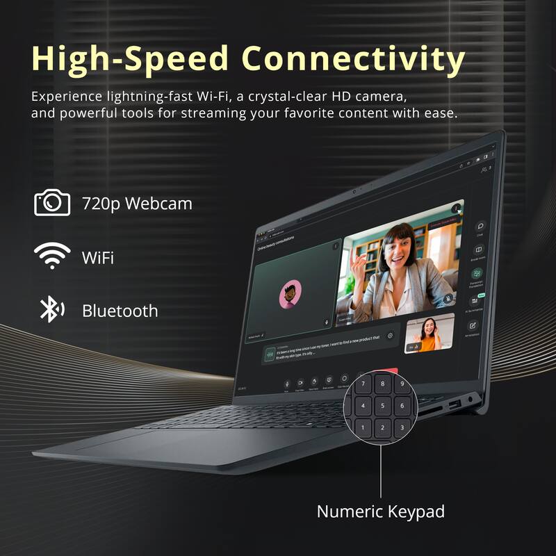 High-Speed Connectivity  
Experience lightning-fast Wi-Fi, a crystal-clear HD camera, and powerful tools for streaming your favorite content with ease.  

- 720p Webcam  
- WiFi  
- Bluetooth  
- Numeric Keypad