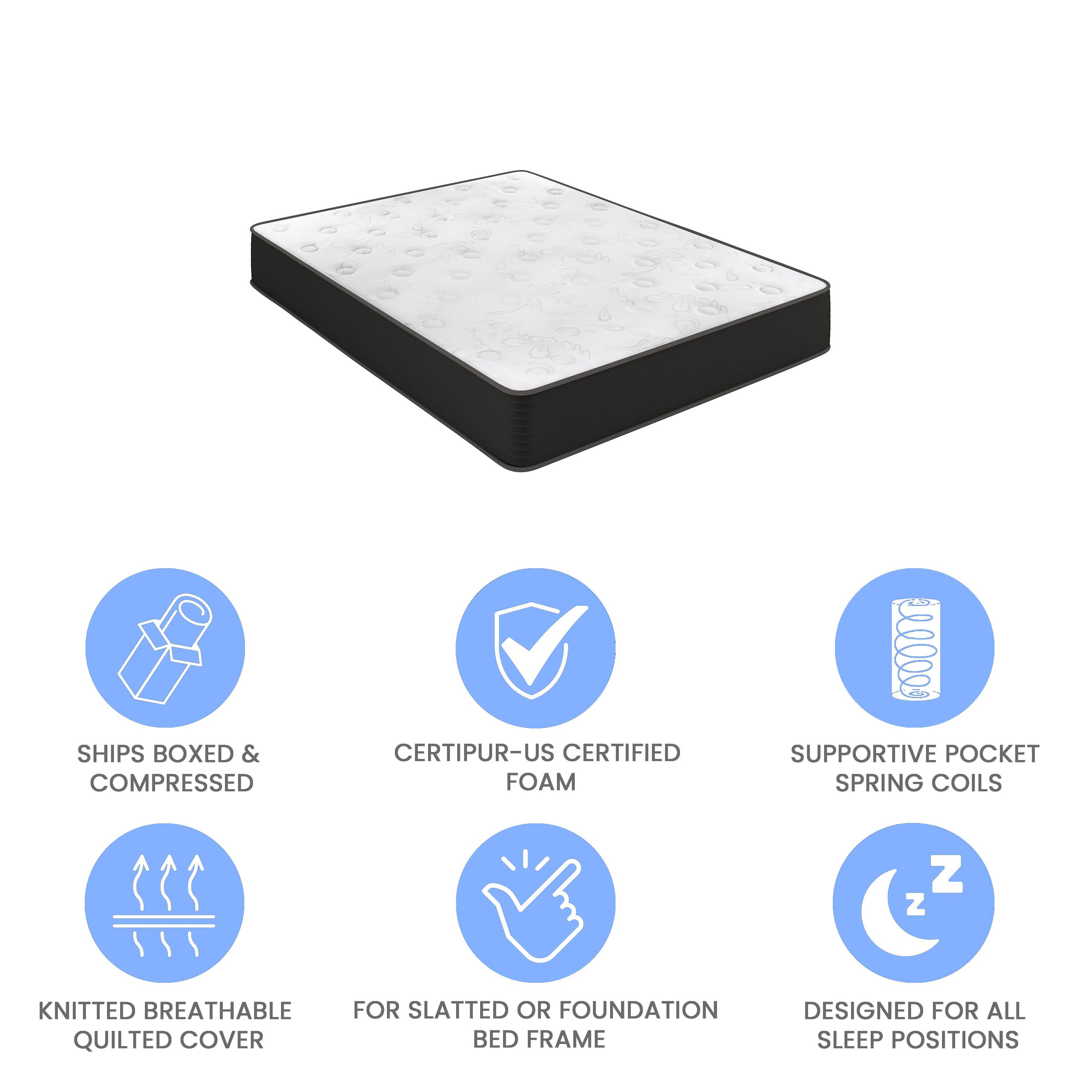 - Ships boxed & compressed
- Certipur-US certified foam
- Supportive pocket spring coils
- Knitted breathable quilted cover
- For slatted or foundation bed frame
- Designed for all sleep positions