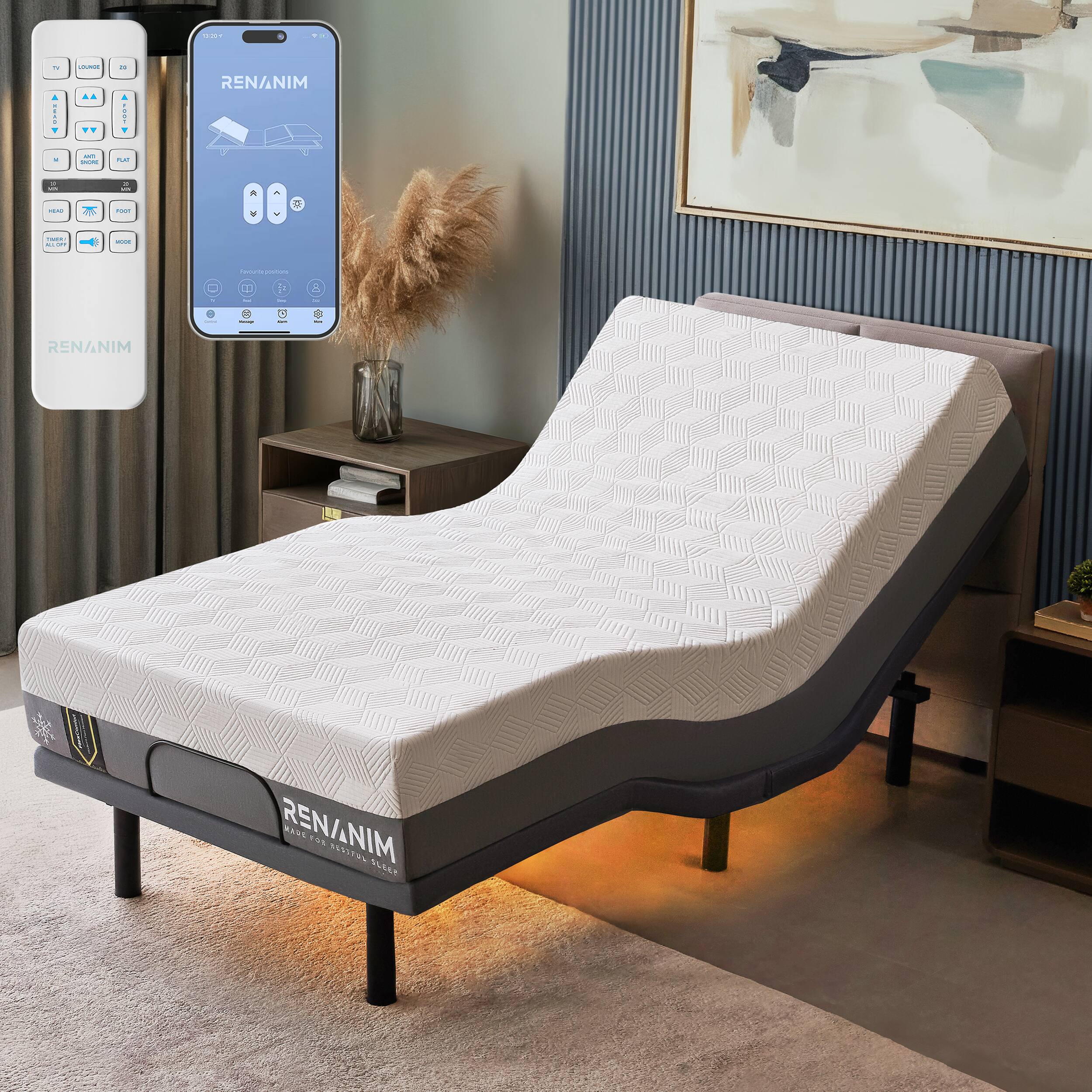 Renanim - SFE Twin XL Adjustable Electric Bed Frame with 10" Hybrid Mattress, Massage, USB, Remote & UnderBed Light - Gray