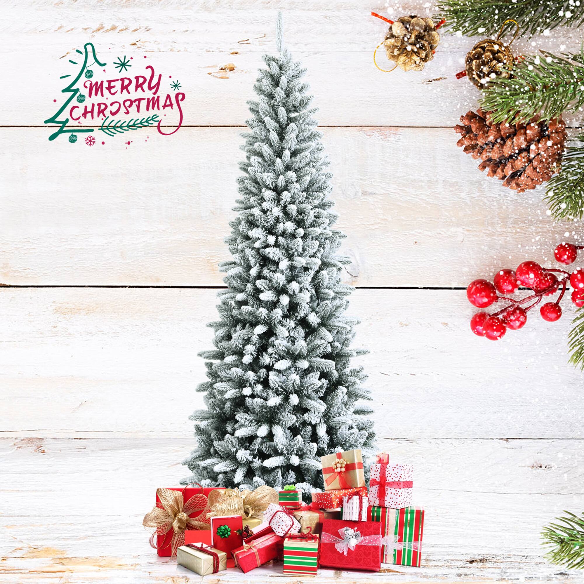 Gymax - 7.5 FT Artificial Slim Christmas Tree Unlit Snow-Flocked Xmas Pencil Tree - White