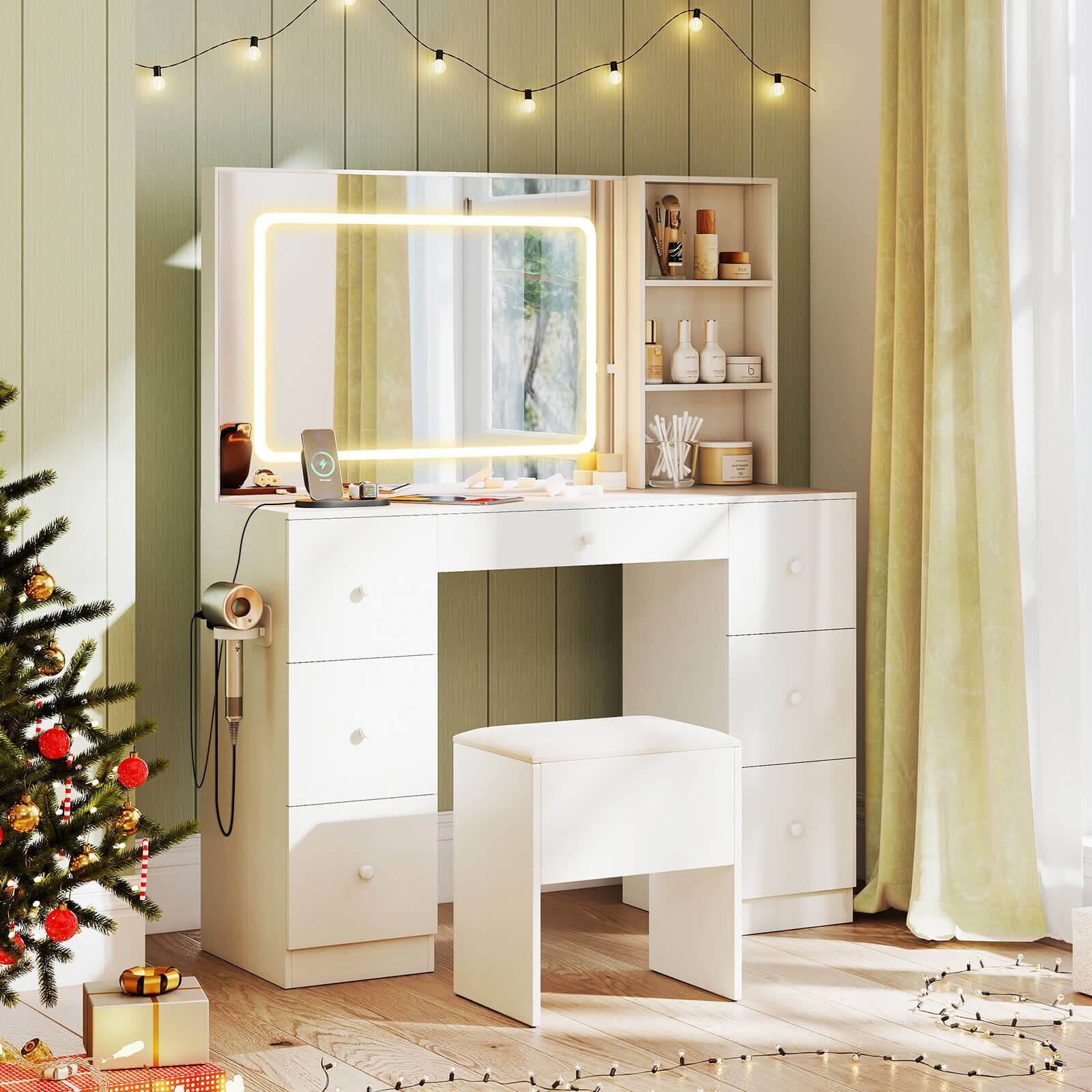 Alt View 3. Costway - Costway Vanity Desk with Mirror & Lights Makeup Table with Power Outlets & 7 Drawers - White.