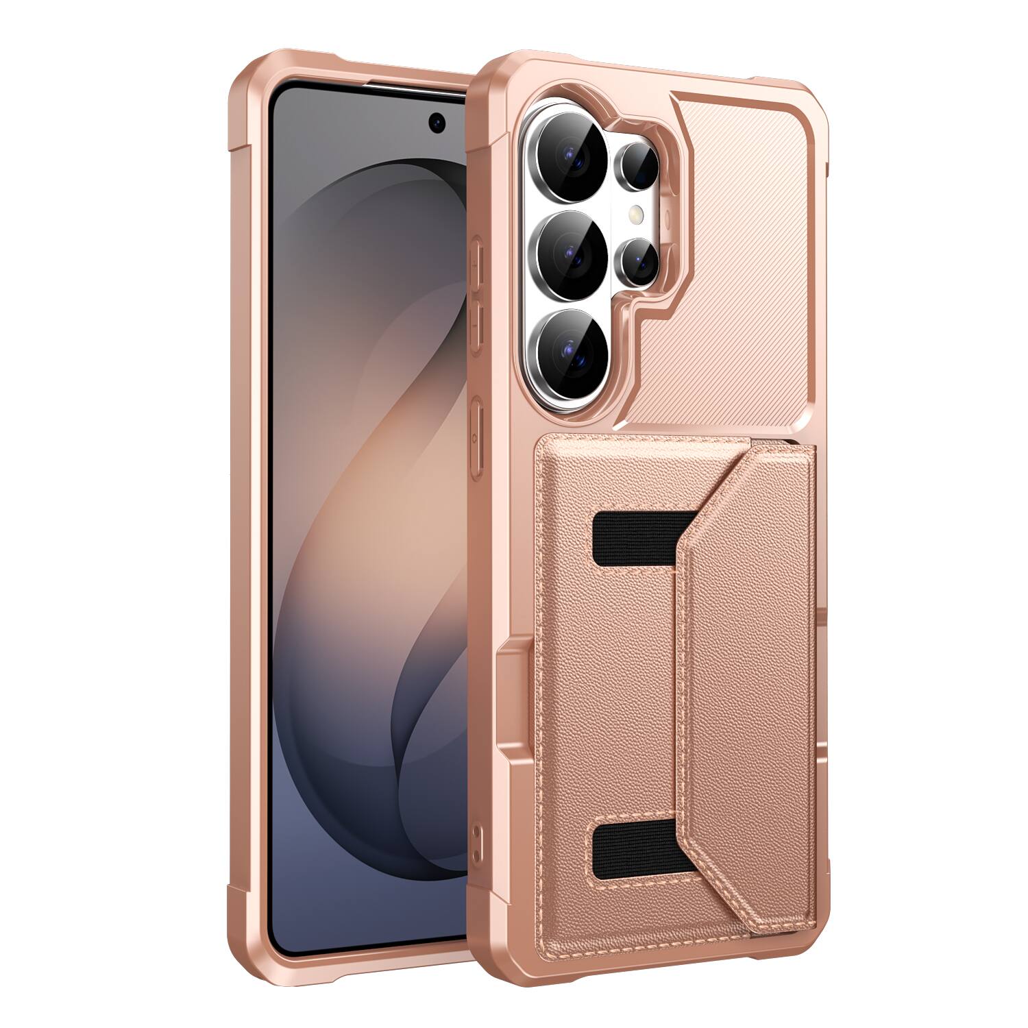 Angle. UUCOVER - Rugged Flip Wallet Case for Samsung Galaxy S26 Ultra with Card Holder Slot, Magnetic Closure Shockproof Protective Cover - Rosegold.