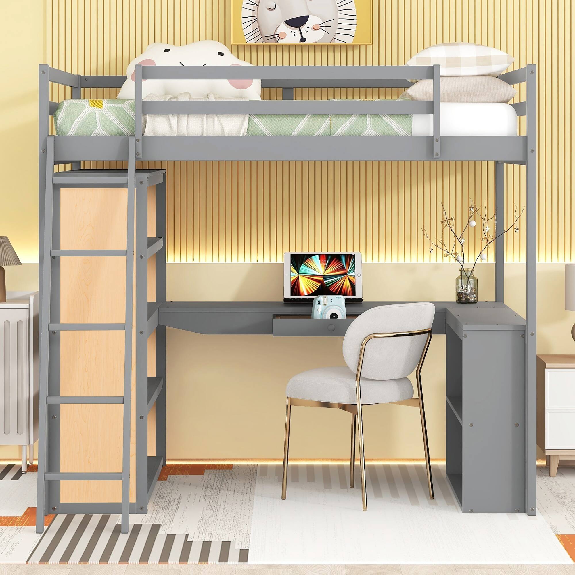 Angle. Aukfa - Full Size Loft Bed with Ladder, Shelves, and Desk - Gray.