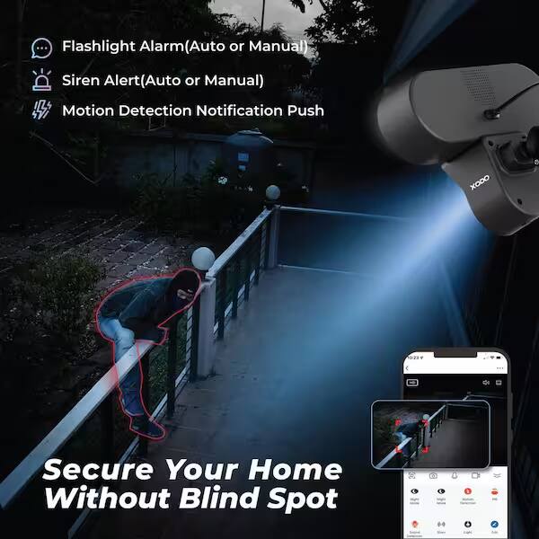 Flashlight Alarm (Auto or Manual)  
Siren Alert (Auto or Manual)  
Motion Detection Notification Push  

Secure Your Home Without Blind Spot