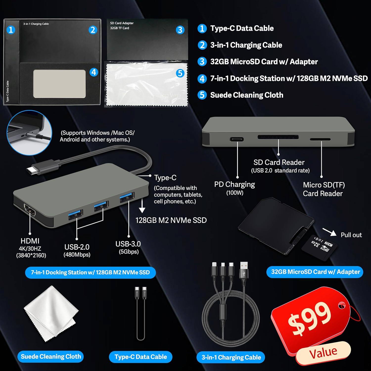 1. Type-C Data Cable
2. 3-in-1 Charging Cable
3. 32GB MicroSD Card w/ Adapter
4. 7-in-1 Docking Station w/ 128GB M2 NVMe SSD
5. Suede Cleaning Cloth

(Supports Windows /Mac OS/ Android and other systems.)
Type-C (Compatible with computers, tablets, cell phones, etc.)
SD Card Reader (USB 2.0 standard rate)
PD Charging Micro SD(TF) (100W)
Card Reader 128GB M2 NVMe SSD
HDMI 4K/30HZ (3840*2160)
USB-2.0 (480Mbps)
USB-3.0 (5Gbps)
Pull out
7-in-1 Docking Station w/ 128GB M2 NVMe SSD
Suede Cleaning Cloth
pe-C Data Cable
3-in-1 Charging Cable
32GB MicroSD Card w/ Adapter
$99 Value