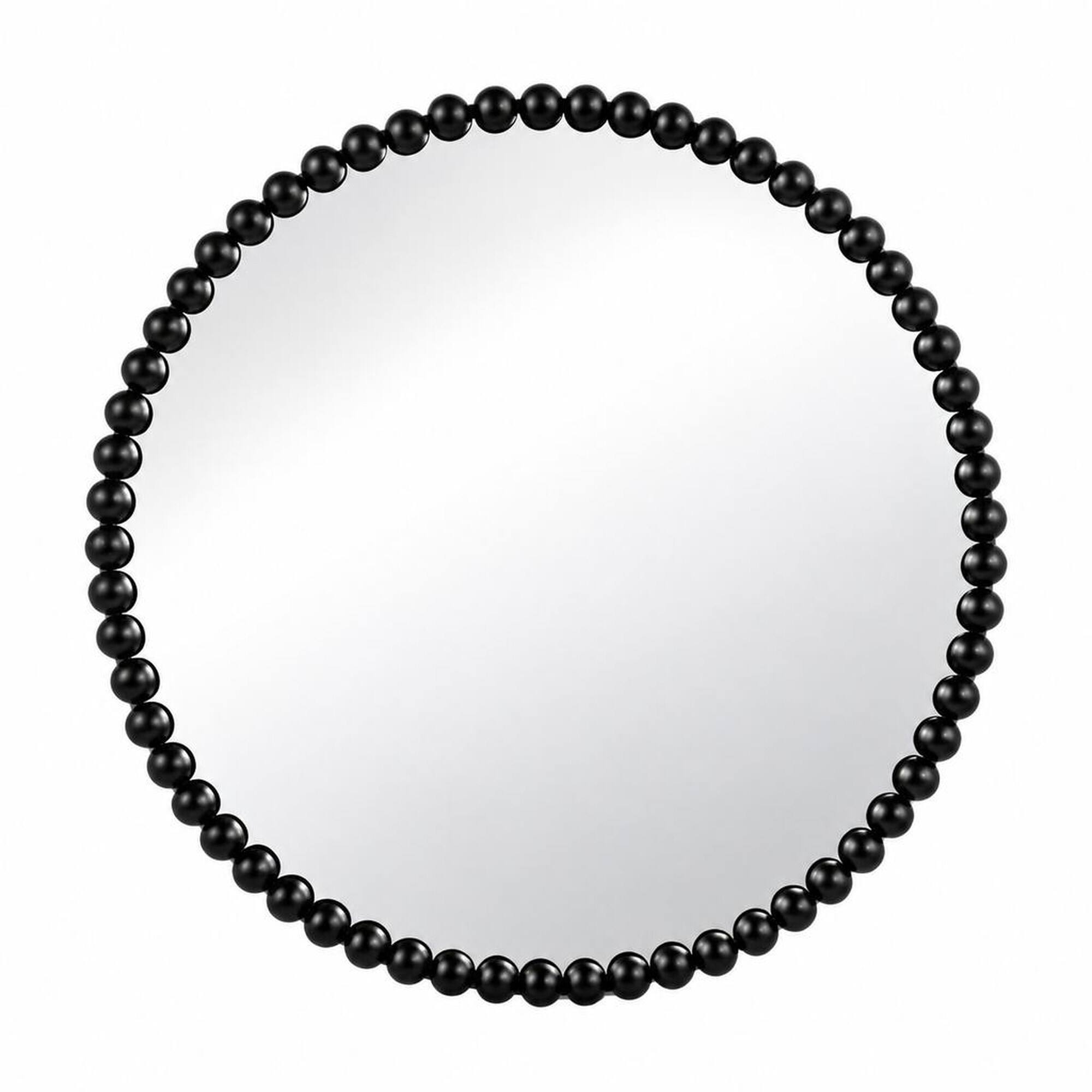 Front. RYHNUYNE - 32 in Round Wall Mirror, Iron Beaded Frame, Black Finish, 29 in Glass, Living Room and Bedroom Decor - Black.
