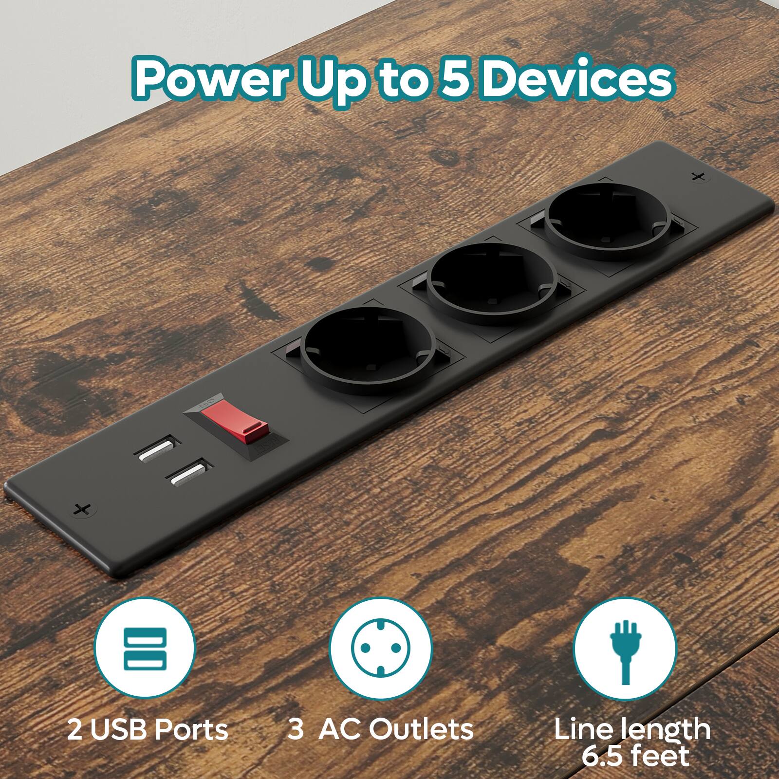 Power Up to 5 Devices + 2 USB Ports + 3 AC Outlets + Line length 6.5 feet.