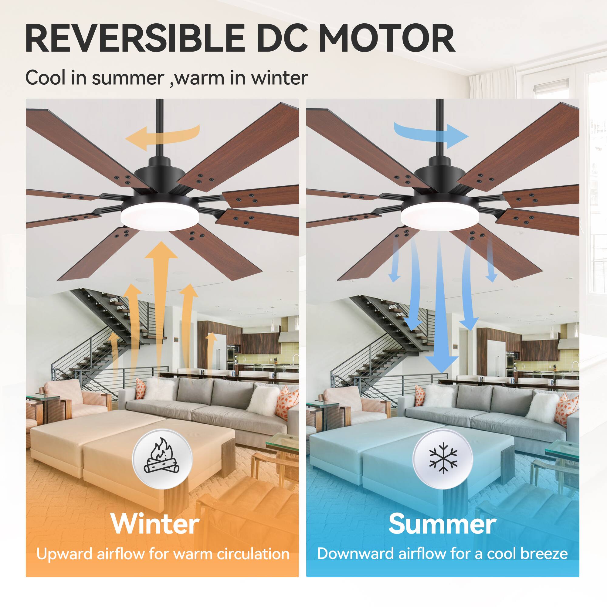 REVERSIBLE DC MOTOR  
Cool in summer, warm in winter  

Winter  
Upward airflow for warm circulation  

Summer  
Downward airflow for a cool breeze
