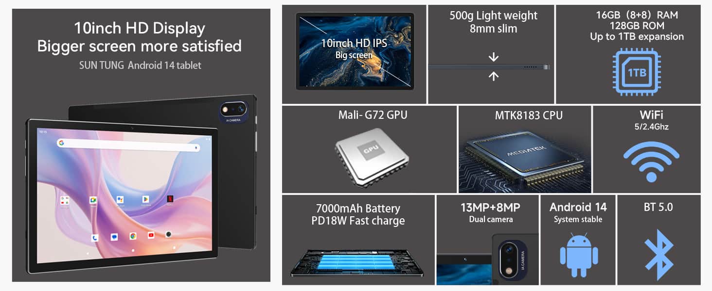 Kimlok Tablet, 2025 Latest 10 inch Android Tablet, MTK8183 Octa