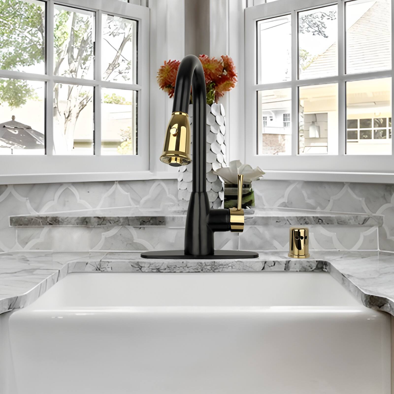 Alt View 9. Akicon - Akicon One-Handle Solid Brass Kitchen Faucet with Pull Down Sprayer in Matte Black & Gold - Matte Black & Gold.
