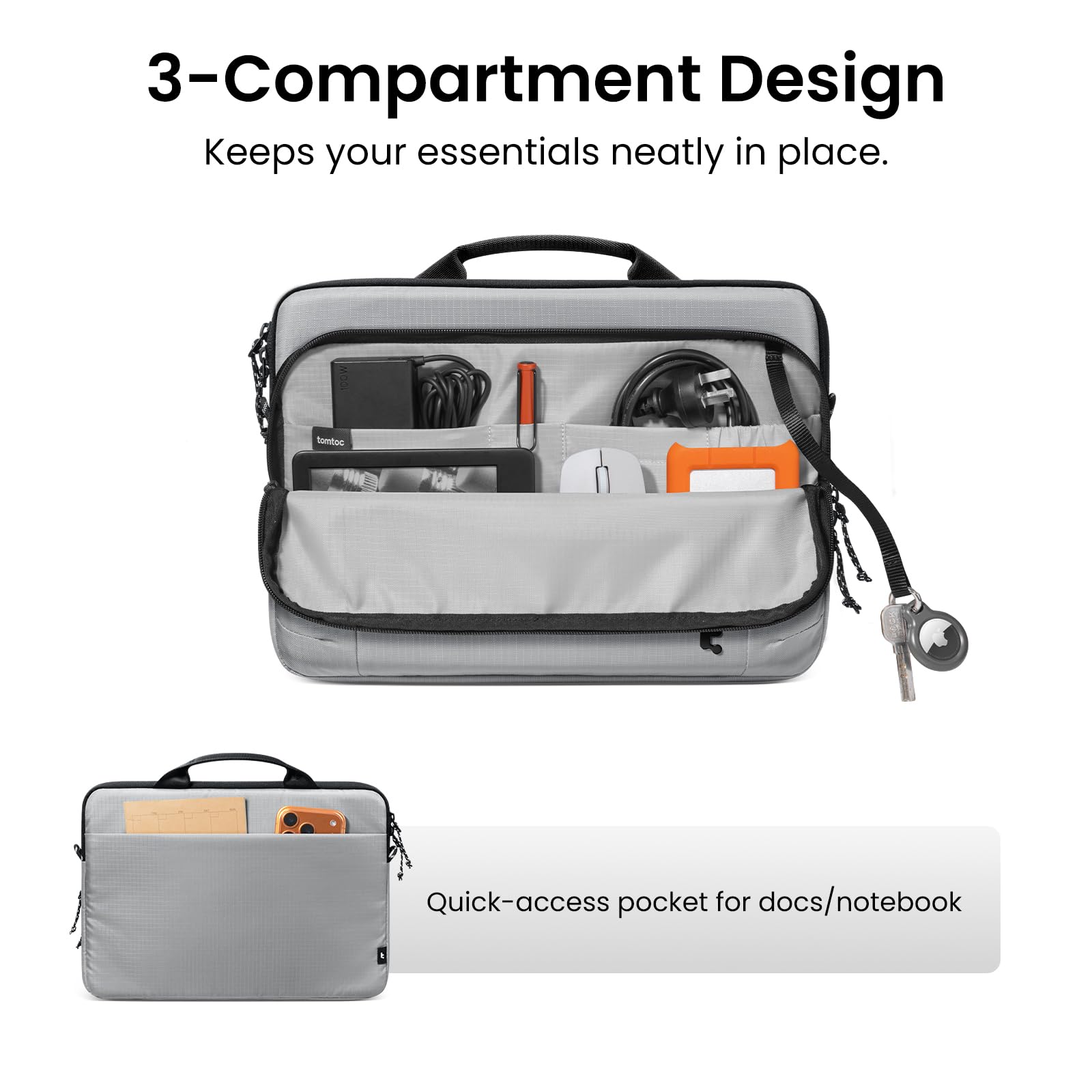 3-Compartment Design Keeps your essentials neatly in place.

Quick-access pocket for docs/notebook
