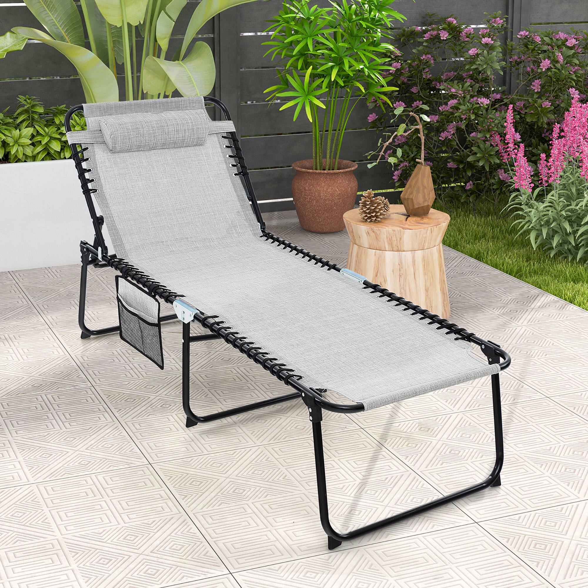 Alt View 3. Gymax - Gymax Folding Reclining Lounge Chaise 4-Position Backrest Portable Beach Chair Grey - Grey.