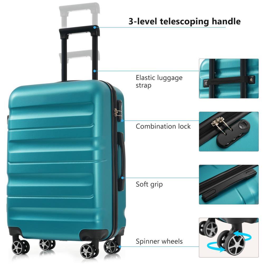 3-level telescoping handle  
Elastic luggage strap  
Combination lock  
Soft grip  
Spinner wheels