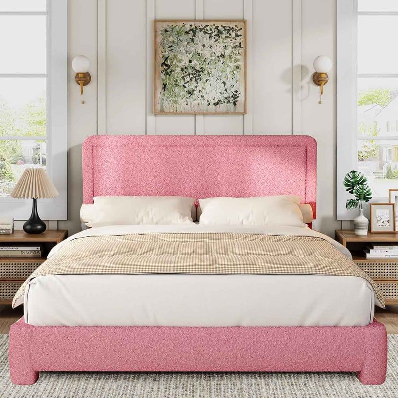 Dyonery - Queen Size Boucle Bed Frame, Upholstered Teddy Fabric Bed Frame with Headboard, Soft Rounded Corners,Easy Assembly - Pink