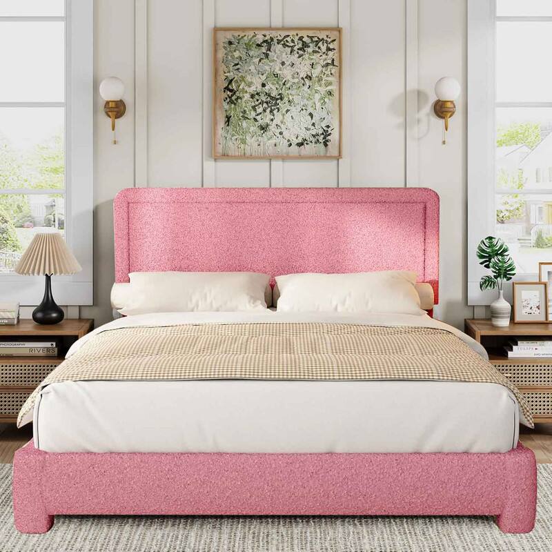 Front. Dyonery - Queen Size Boucle Bed Frame,Pink Upholstered Teddy Fabric Bed Frame with Headboard, Soft Rounded Corners,Easy Assembly - Pink.