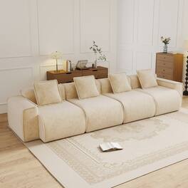 Anysun - Streamlined 4-Seat Velvet Boneless Sofa - Deep Seat, French Edge Piping, No Assembly, Includes Throw Pillows - Cream