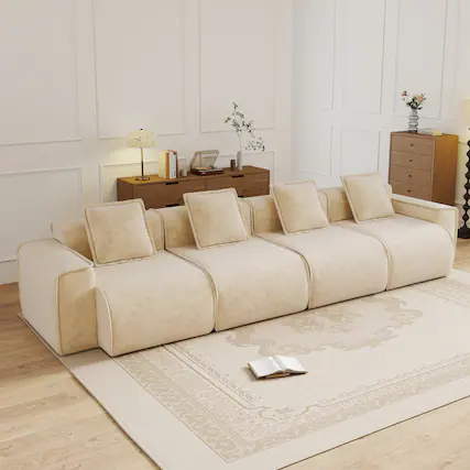 Front. Anysun - Streamlined 4-Seat Velvet Boneless Sofa - Deep Seat, French Edge Piping, No Assembly, Includes Throw Pillows - Cream.