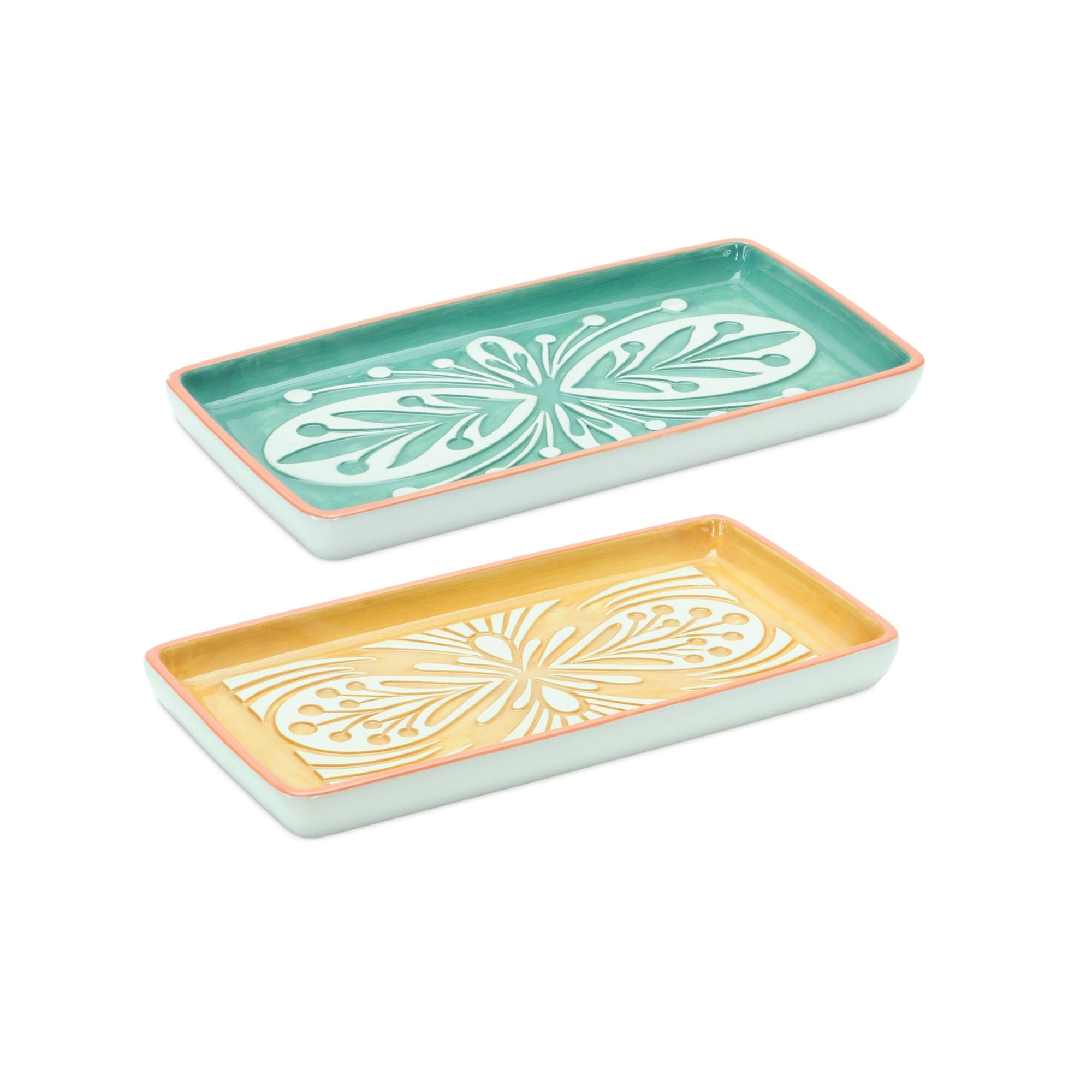 Angle. BreeBe - Ornamental Ceramic Tray (Set of 6) - Green, Yellow, White.