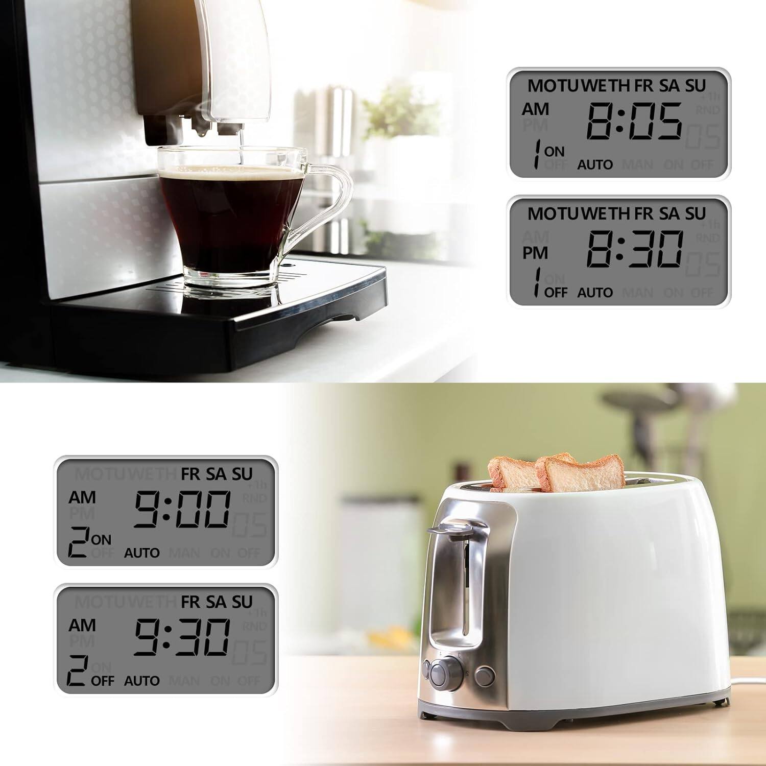 MOTUWETH FR SA SU  
AM 8:05  
1 ON AUTO  
MAN ON OFF  

MOTUWETH FR SA SU  
PM 8:30  
1 OFF AUTO  
MAN ON OFF  

MOTUWETH FR SA SU  
AM 9:00  
2 ON AUTO  
MAN ON OFF  

MOTUWETH FR SA SU  
AM 9:30  
2 OFF AUTO  
MAN ON OFF