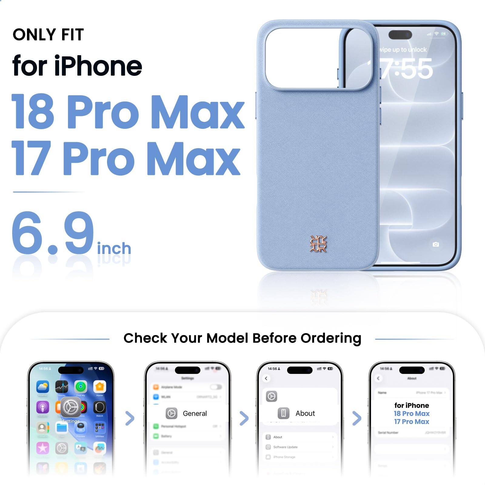 ONLY FIT for iPhone 18 Pro Max 17 Pro Max 6.9 inch

Check Your Model Before Ordering

About
SASCHE
Fatting 
was  -
Betory
General
about
I

for iPhone 18 Pro Max 17 Pro Max SerialNumber JOHNTYMA

M
3 Software Update
Phone Storage