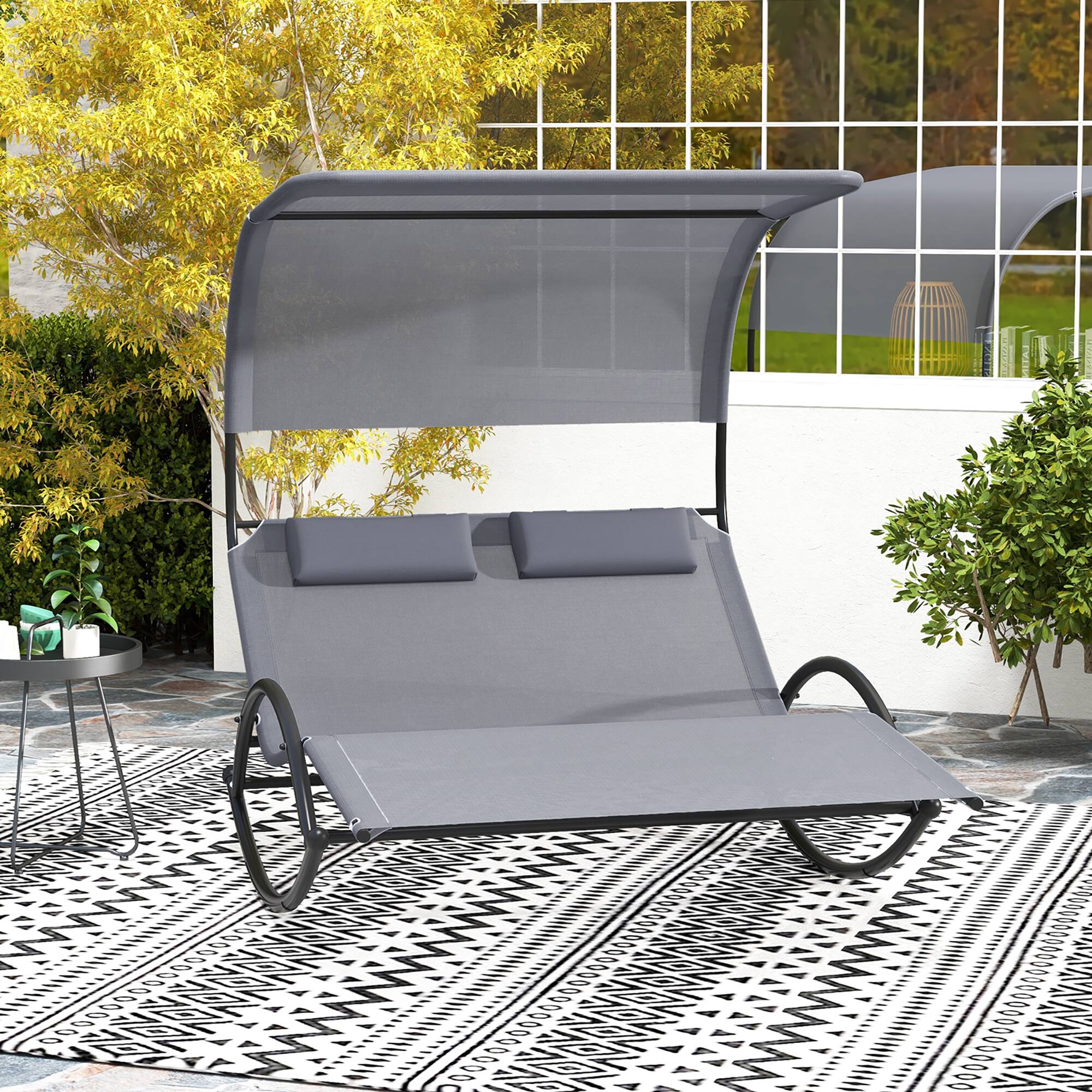 Alt View 4. Gymax - Gymax Outdoor Double Chaise Rocker Rocking Daybed Sun Lounger w/ Sun Shade Canopy - Gray.
