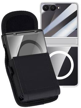 Nakedcellphone - Combo for Samsung Galaxy Z Flip 7 Phone - Case with Built-In Screen/Hinge Protector and Belt Clip Pouch - Silver