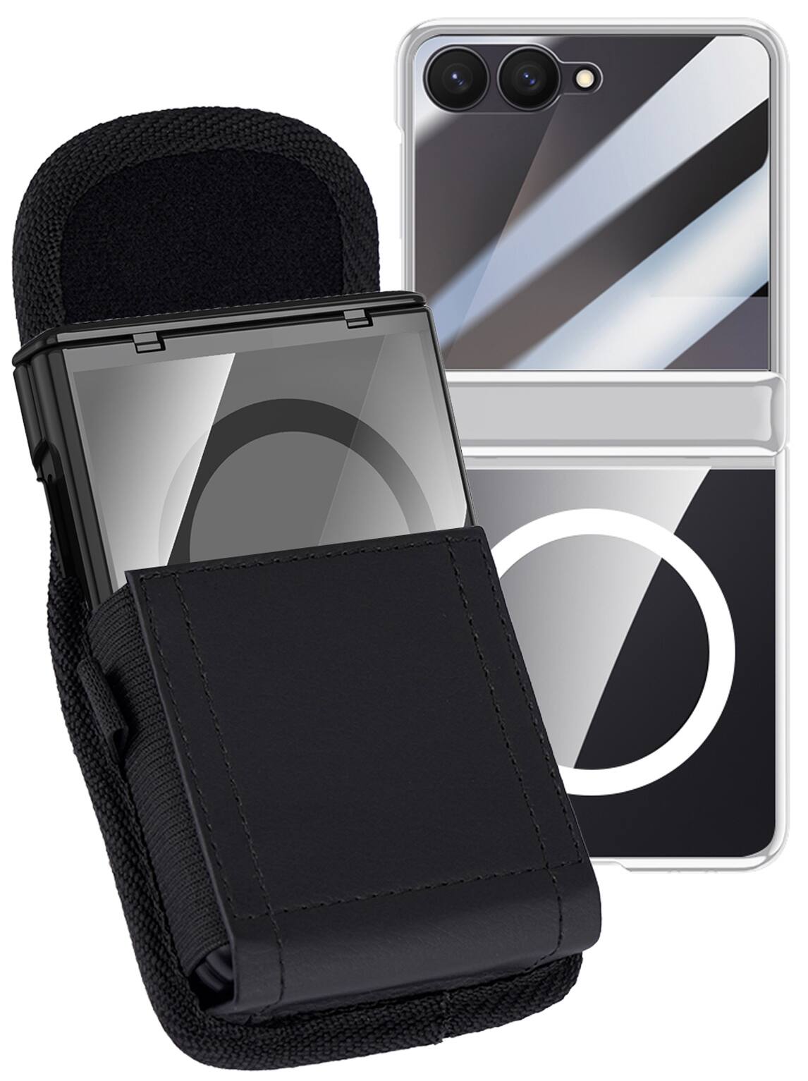 Front. Nakedcellphone - Combo for Samsung Galaxy Z Flip 7 Phone - Case with Built-In Screen/Hinge Protector and Belt Clip Pouch - Silver.