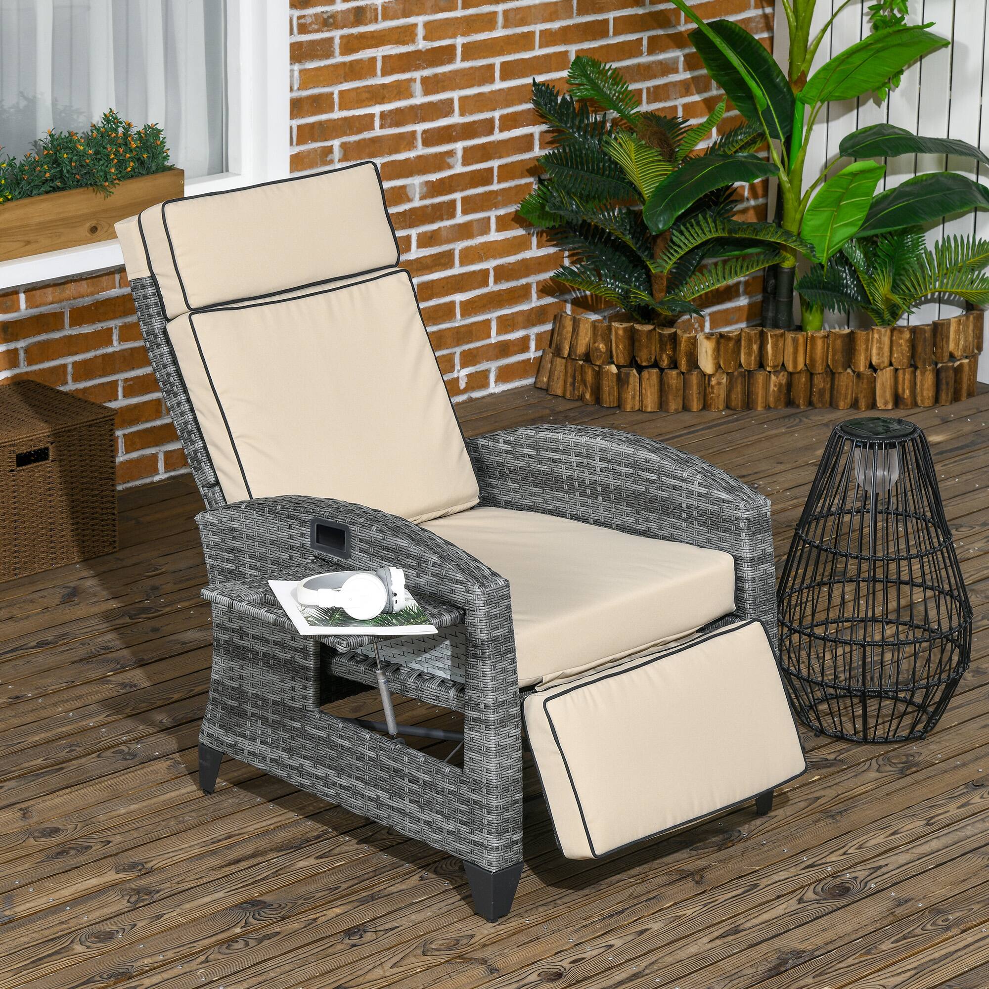 Alt View 1. Outsunny - Recliner Chair with Cushions, Reclining Patio Lounge Chair with Adjustable Footrest, Armrests - Khaki.