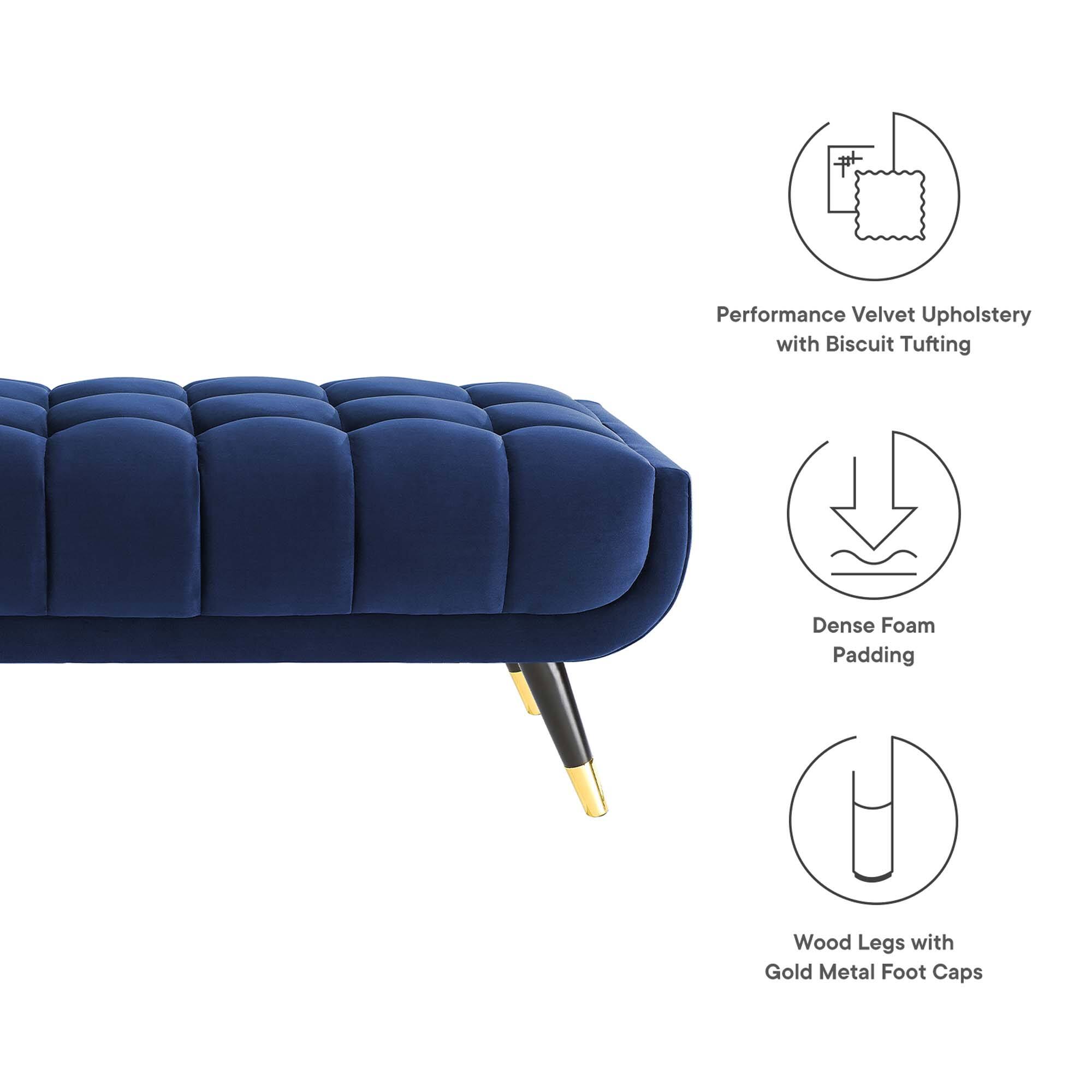 Performance Velvet Upholstery with Biscuit Tufting  
Dense Foam Padding  
Wood Legs with Gold Metal Foot Caps
