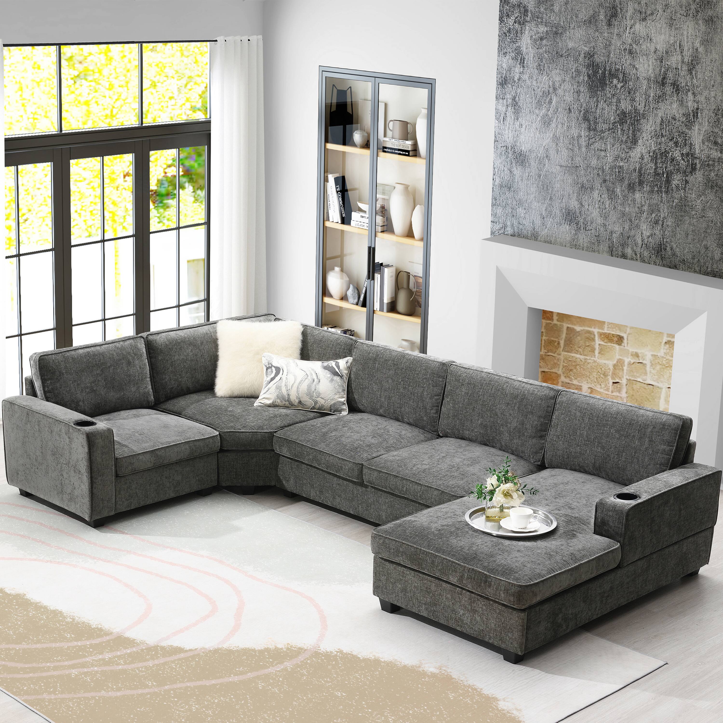 Whisen - 119" U-Shaped Sectional Sofa with Oversized Chaise Lounge for Living Room & Apartment - Gray