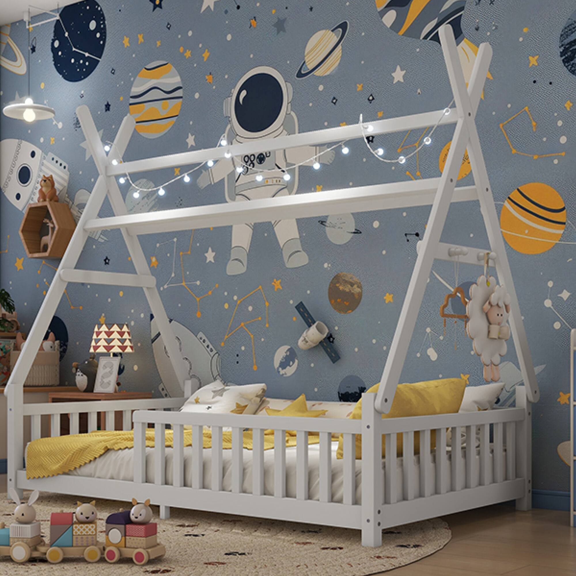 Alt View 5. GOODSILO - Charming Low Profile Twin House Bed with Removable Roof and Safety Fence for Children's Bedroom - White.