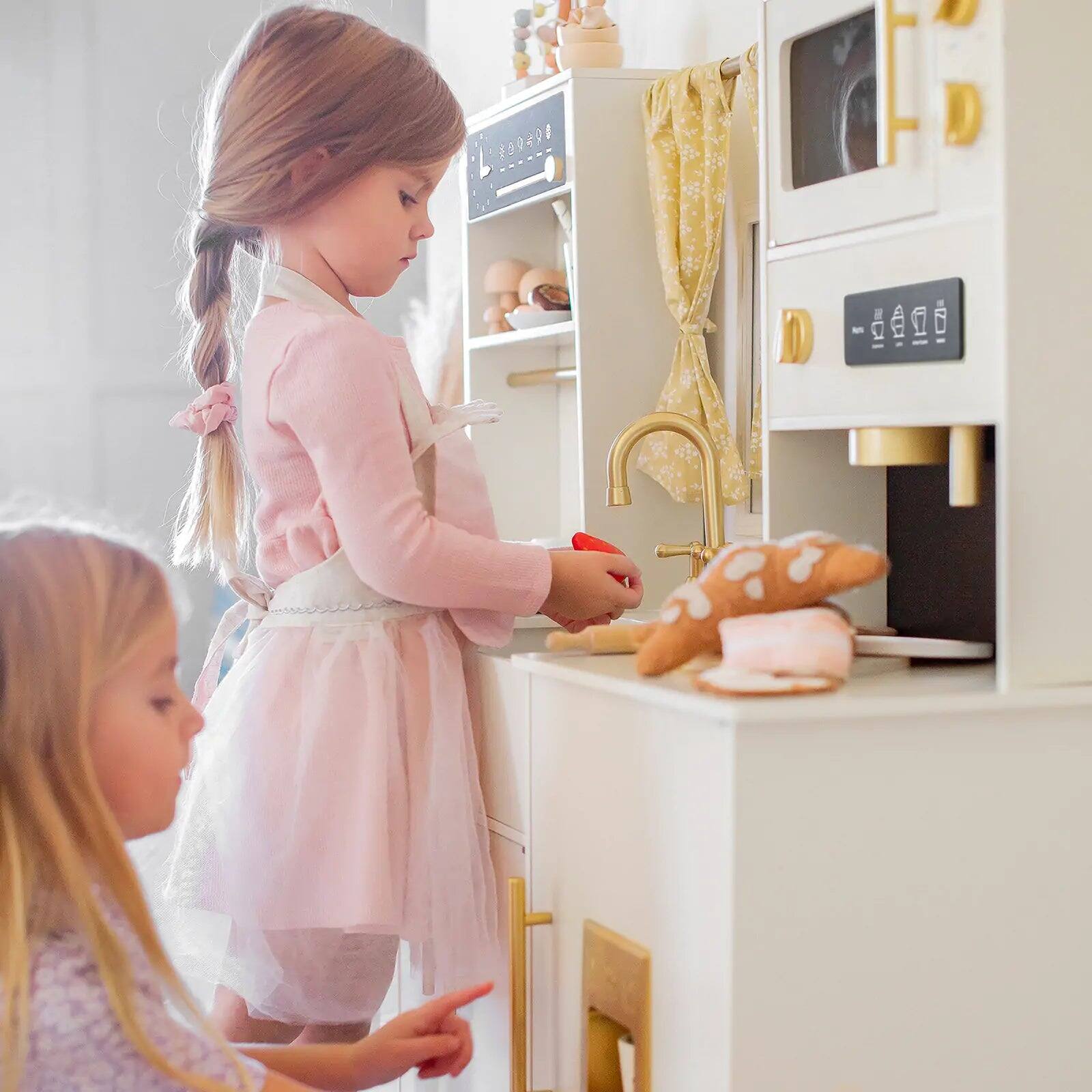 Alt View 4. Tiny Land - Kids Wooden Play Kitchen Set 43", Pretend Cooking Toy with Oven, Sink, Microwave, Coffee Maker, Chef Hat & Apron, Age 3+ - White.