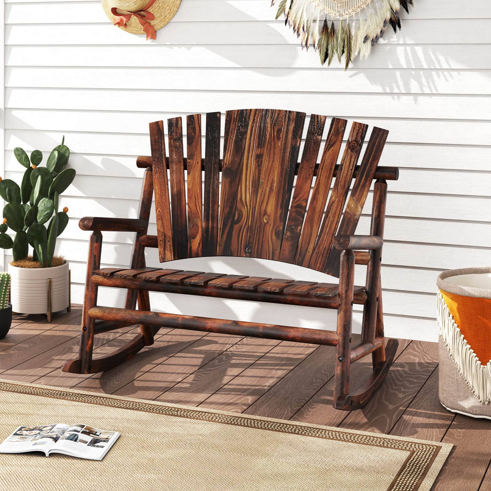 Alt View 1. Costway - Costway 2-Person Outdoor Adirondack Rocking Chair with High Back and Slatted Seat - Brown.